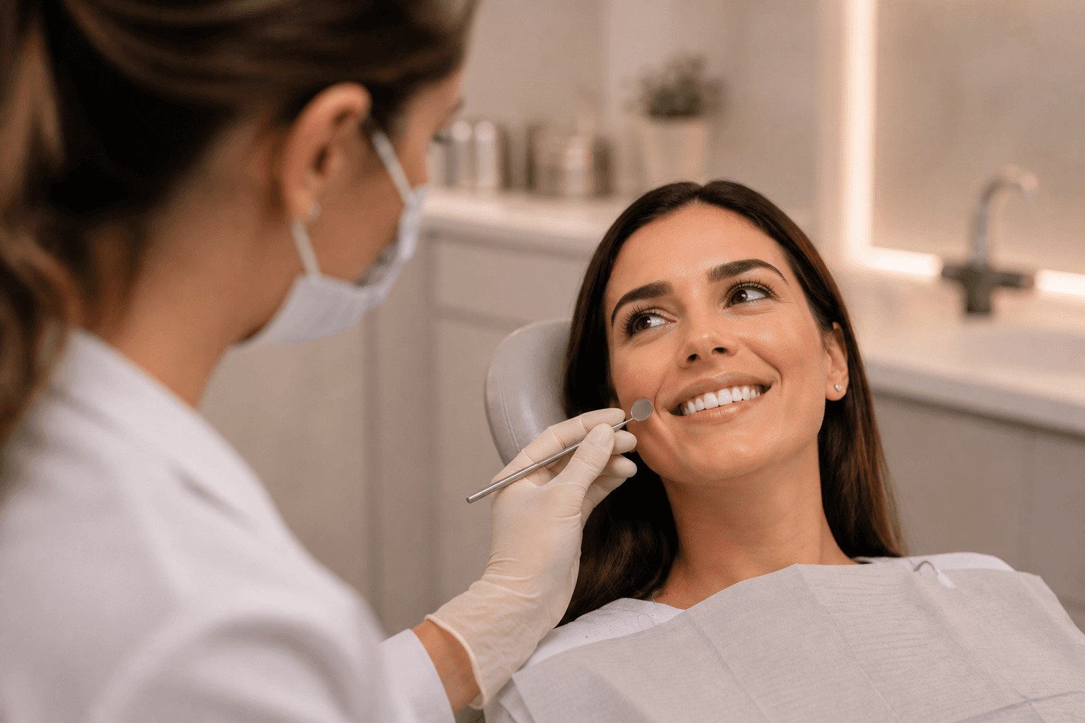 Dentist showing a patient her smile with a hand mirror during an exam